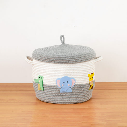 Safari Animals- Grey Rope Basket With Lid